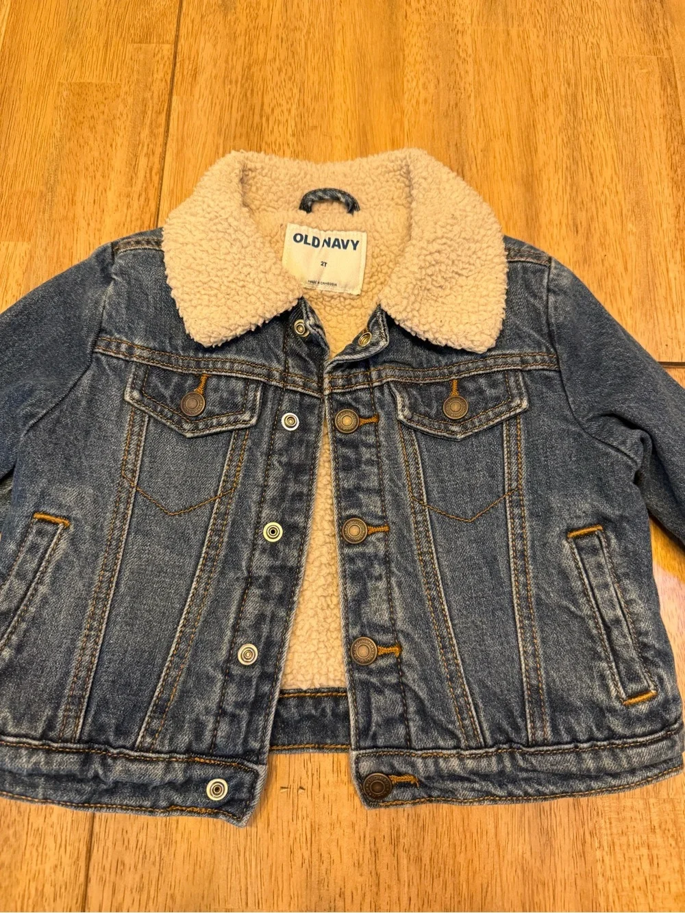 Old Navy Kids Dark Blue Denim Jacket with Cream Sherpa Collar